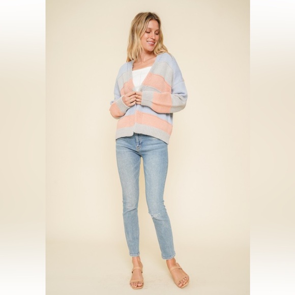 703. Hem & Thread Open Cardigan Sweater Color Block Stripe Cotton Blend New Item - Picture 5 of 12